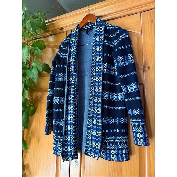 “BCBG Max Azria Blue Fair Isle Open-Front Cotton Cardigan Sweater (Size S)” - Picture 3 of 9